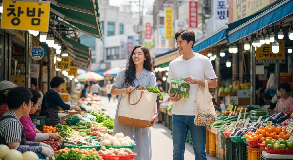 로컬 마켓에서 친환경 장바구니로 장을 보는 한국인 부부의 지속 가능한 라이프스타일 실천 장면