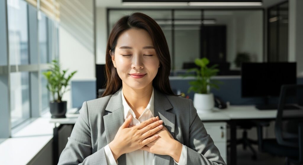감사 명상을 하는 한국 직장인 여성