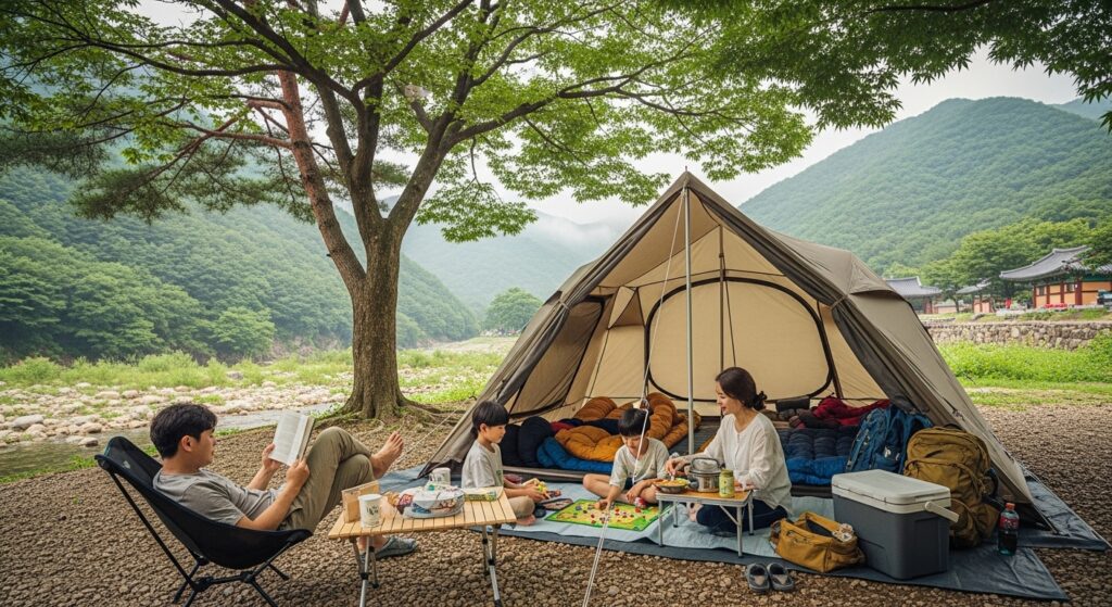 강원도 계곡에서 물놀이 하는 가족