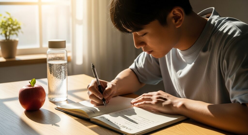 건강하게 살기 위한 생활 습관을 기록하고 실천하는 청년의 모습