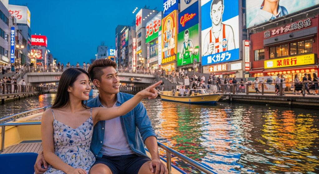 일본 오사카 거리 풍경과 관광객
