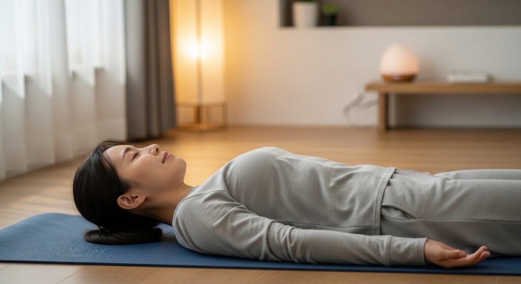 바디 스캔 명상을 하는 한국 여성의 평온한 모습