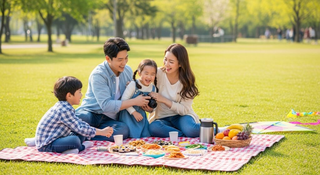 지속 가능한 라이프 스타일로 효율적인 시간 관리로 여유로운 주말을 보내는 한국 가족의 모습