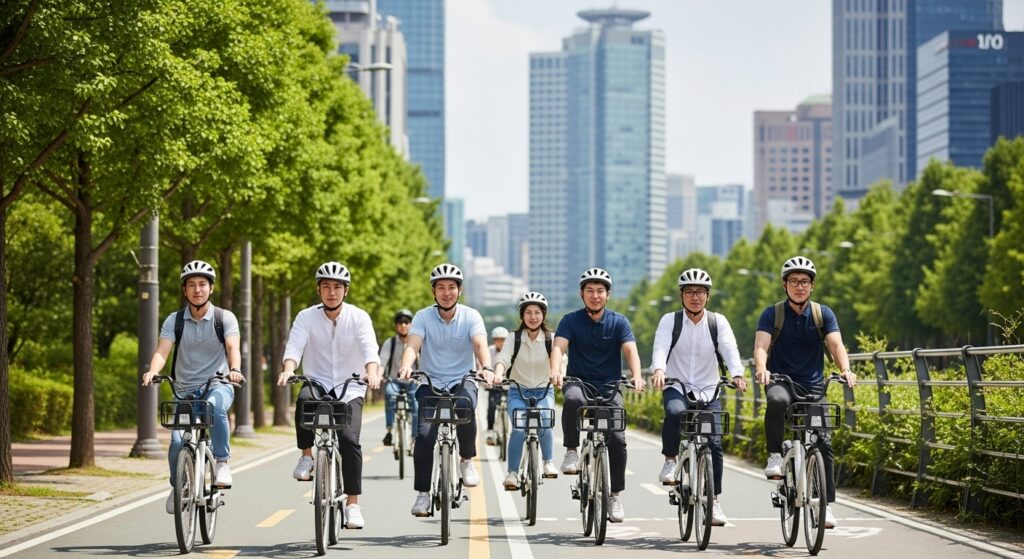도시 자전거 이용을 통해 저탄소 생활을 실천하는 한국인의 모습