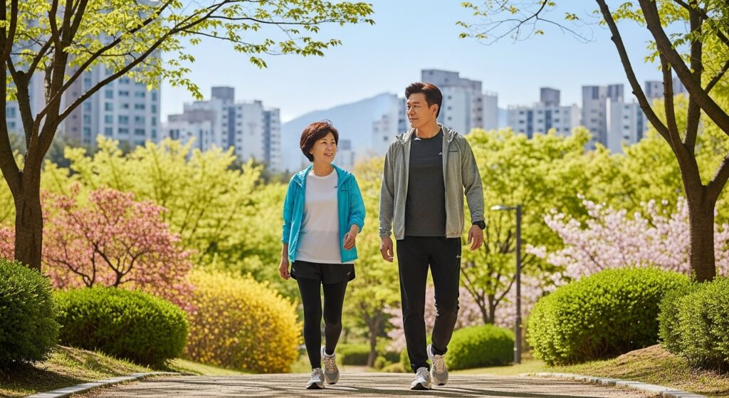 건강하게 살기 위한 생활 습관을 실천 중인 중년 부부의 산책 모습